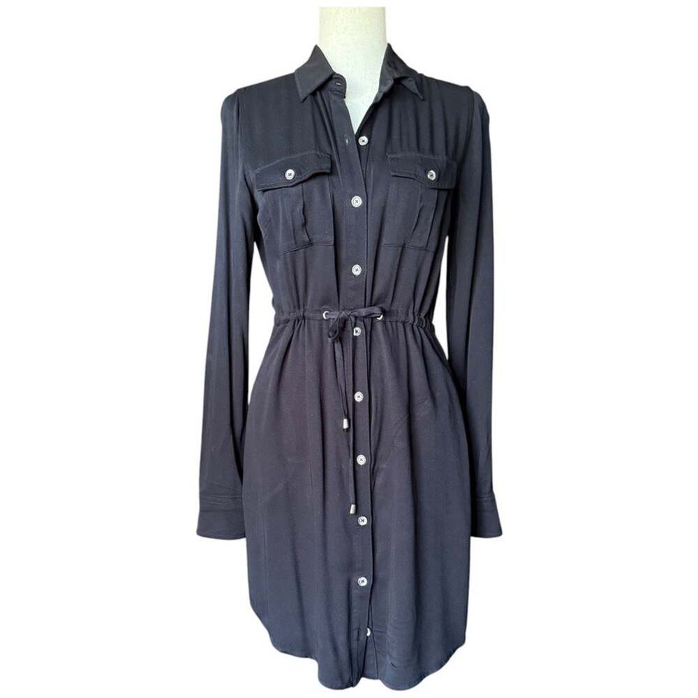 Guess Black Shirt Dress Button Front Long Sleeve Belted Size M NWT